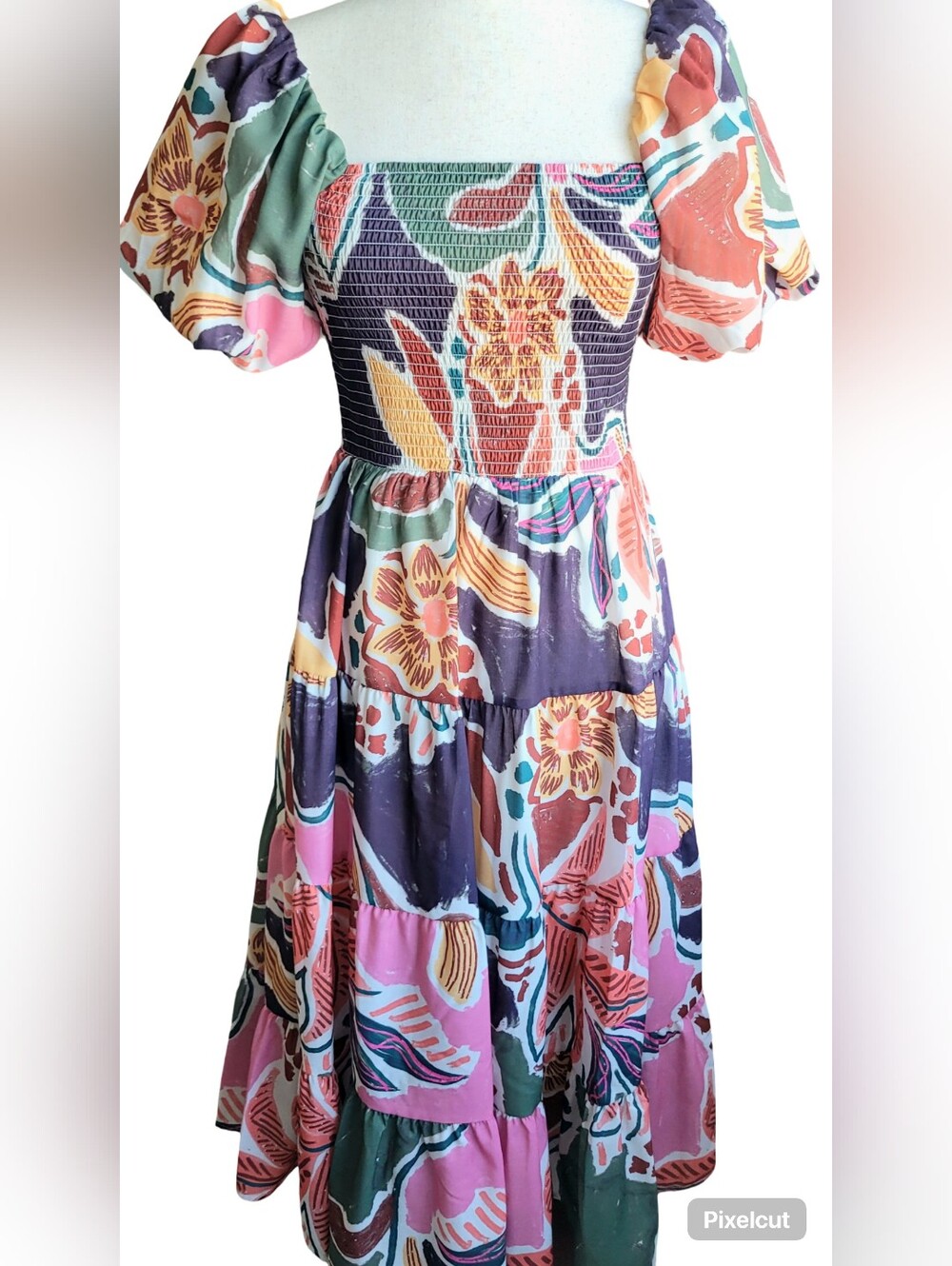 Stunning Crystal Doll Floral Balloon-Sleeve Tiered Midi Dress S